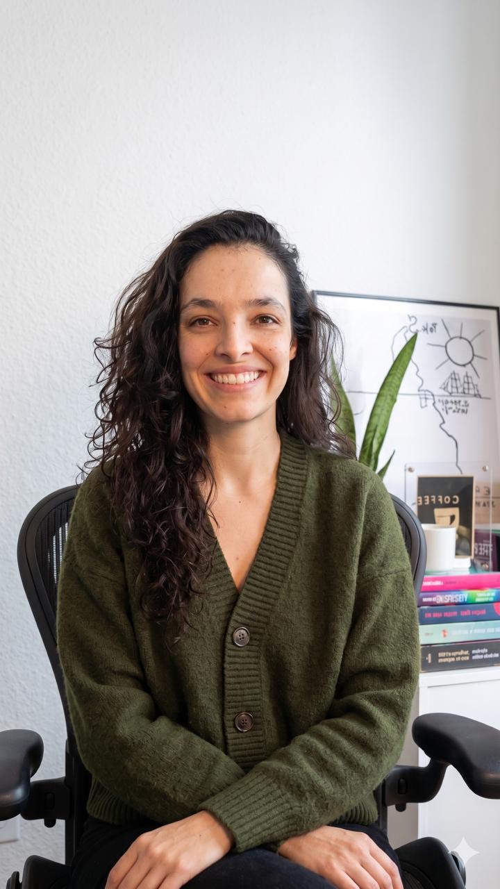 Camila, a professional counsellor in Vancouver, in her warm and inviting office